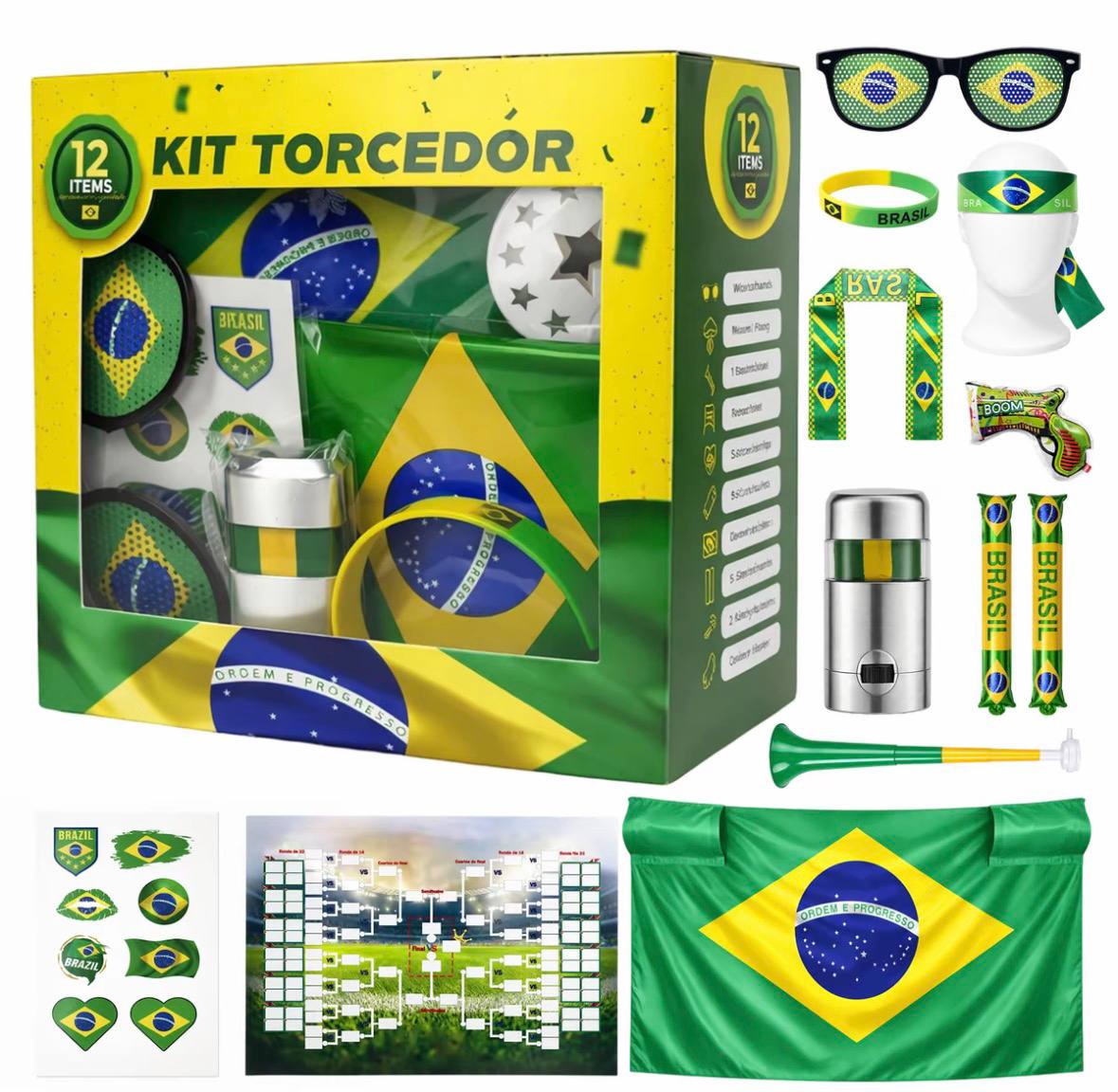 Kit Torcedor Copa 2026 - 12 Itens (Bandeira, Óculos, Vuvuzela e mais)